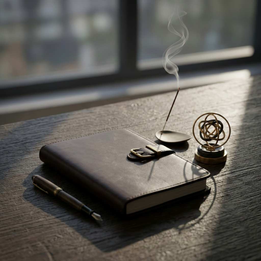 The Science of Scented Safety: Why Your Nervous System Needs an Olfactory Anchor YOJQI ritual and dark leather notebook for weekly intent setting and goal manifestation