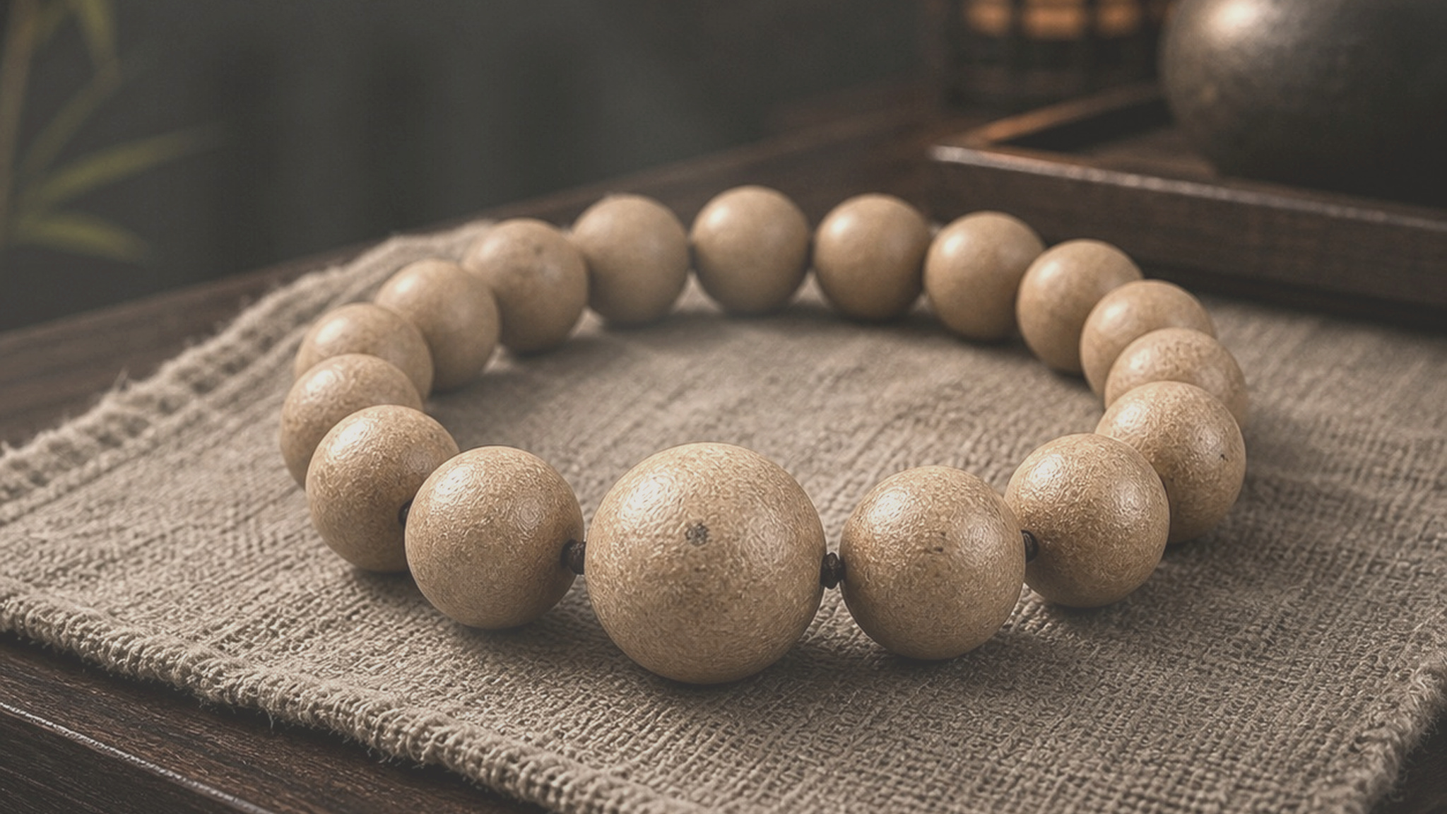 YOJQI bracelet resting on linen in a softened ritual scene with warm lantern light and calmer contrast.