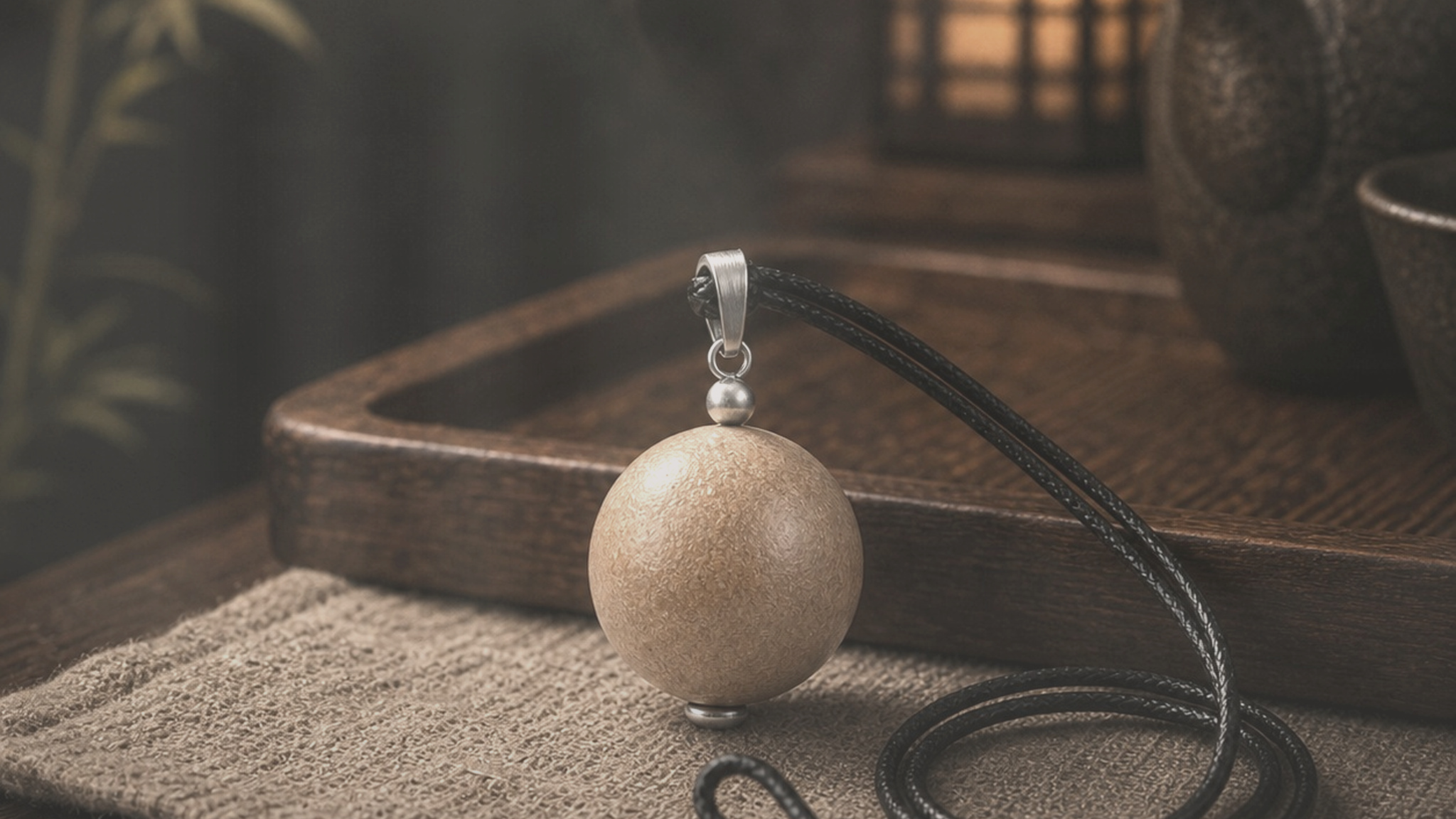 YOJQI pendant presented in a lighter tea-tray scene with softened wood tones and more breathing room.
