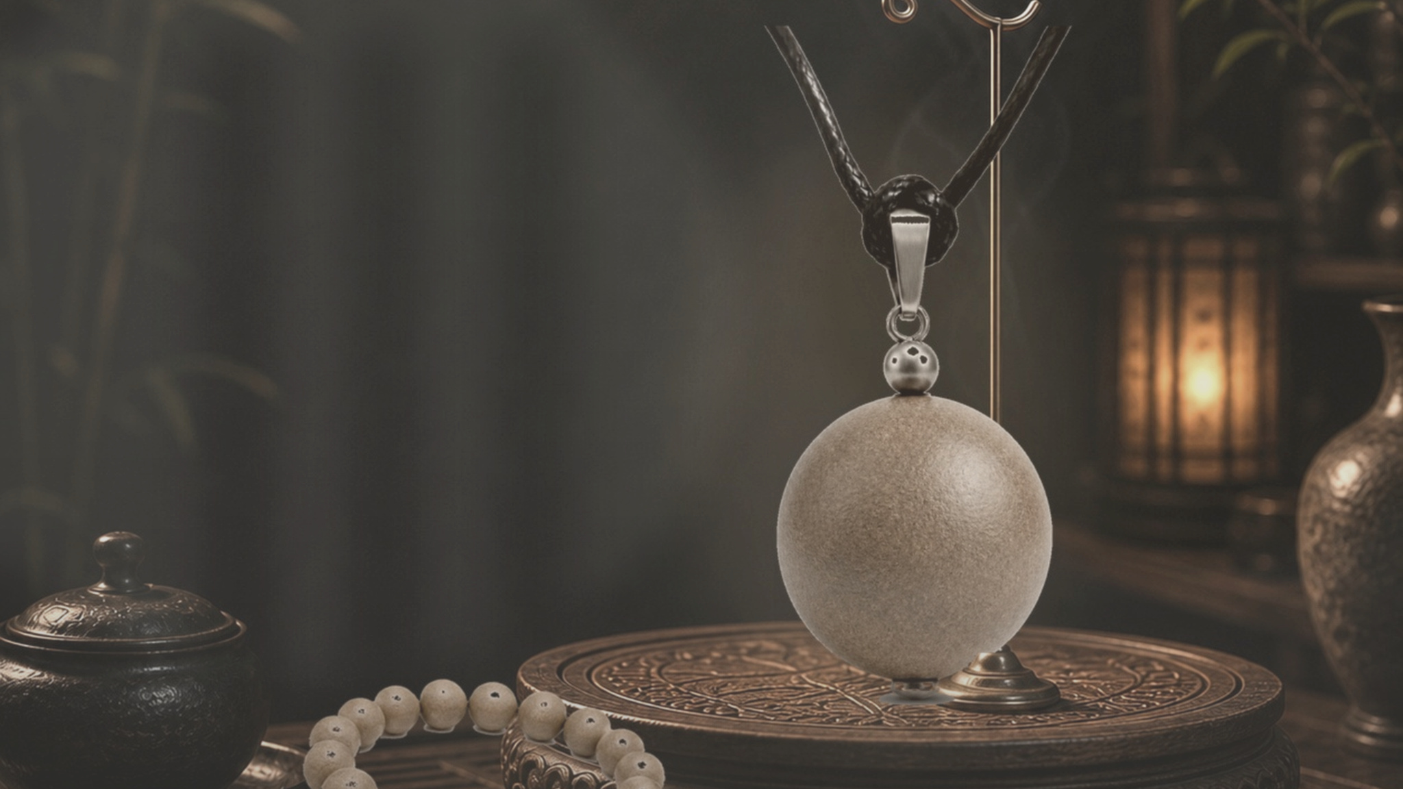 A softened evening YOJQI ritual scene with pendant, bracelet and warm lantern light that feels calm rather than heavy.