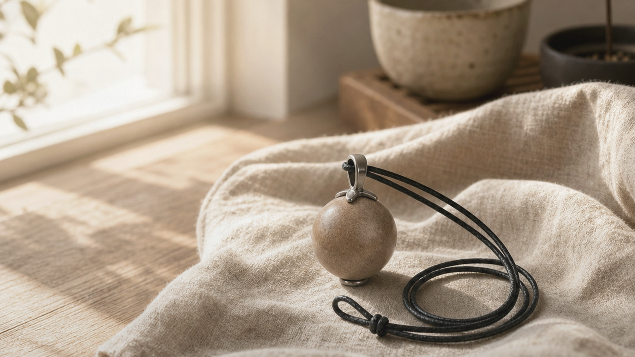 YOJQI pendant resting on warm linen beside soft morning window light and a quiet tea bowl.